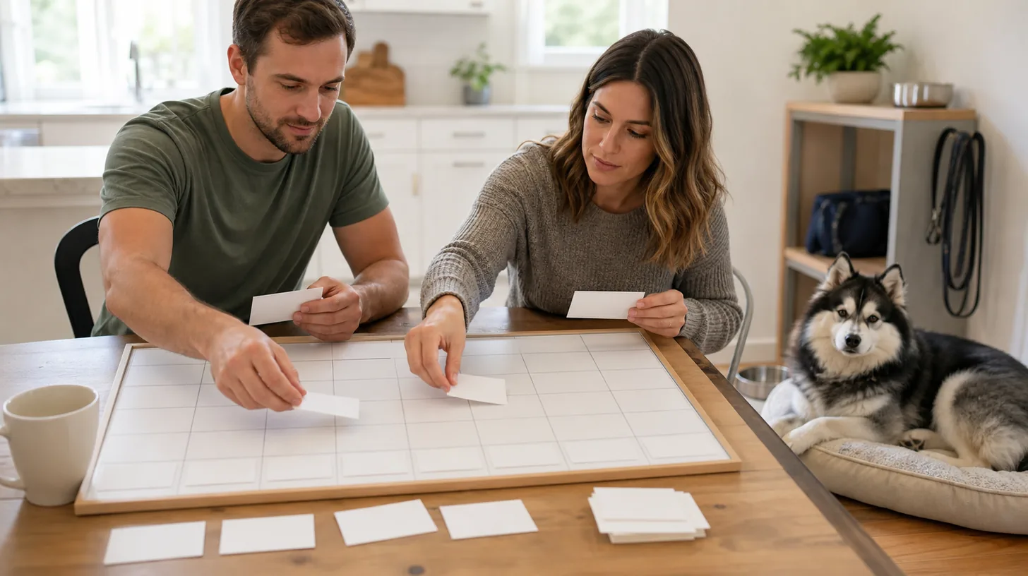 Two caregivers place blank task cards on a weekly Pomsky care calendar