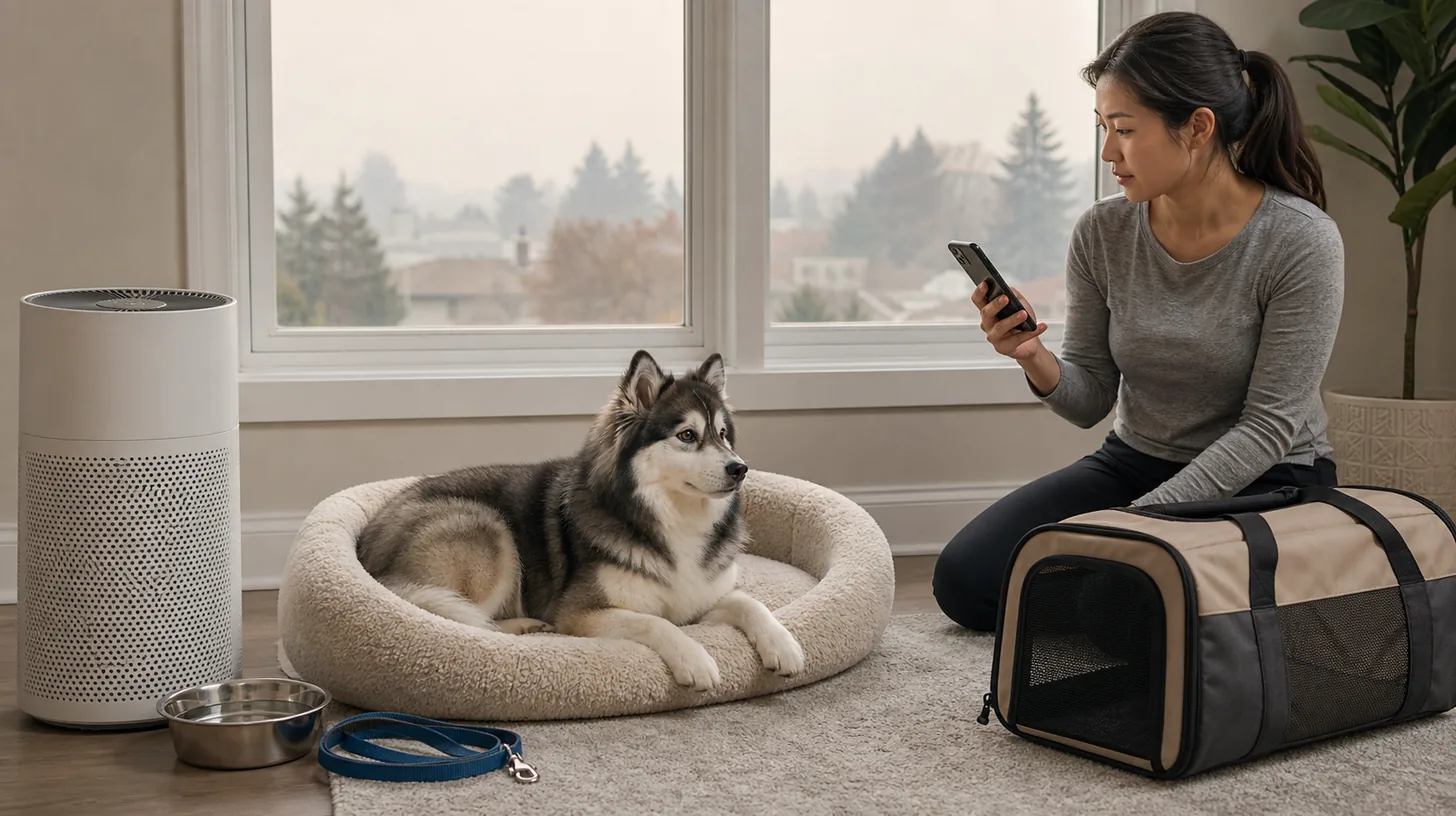A Pomsky rests indoors beside an air purifier, water, leash, and emergency carrier during smoky conditions
