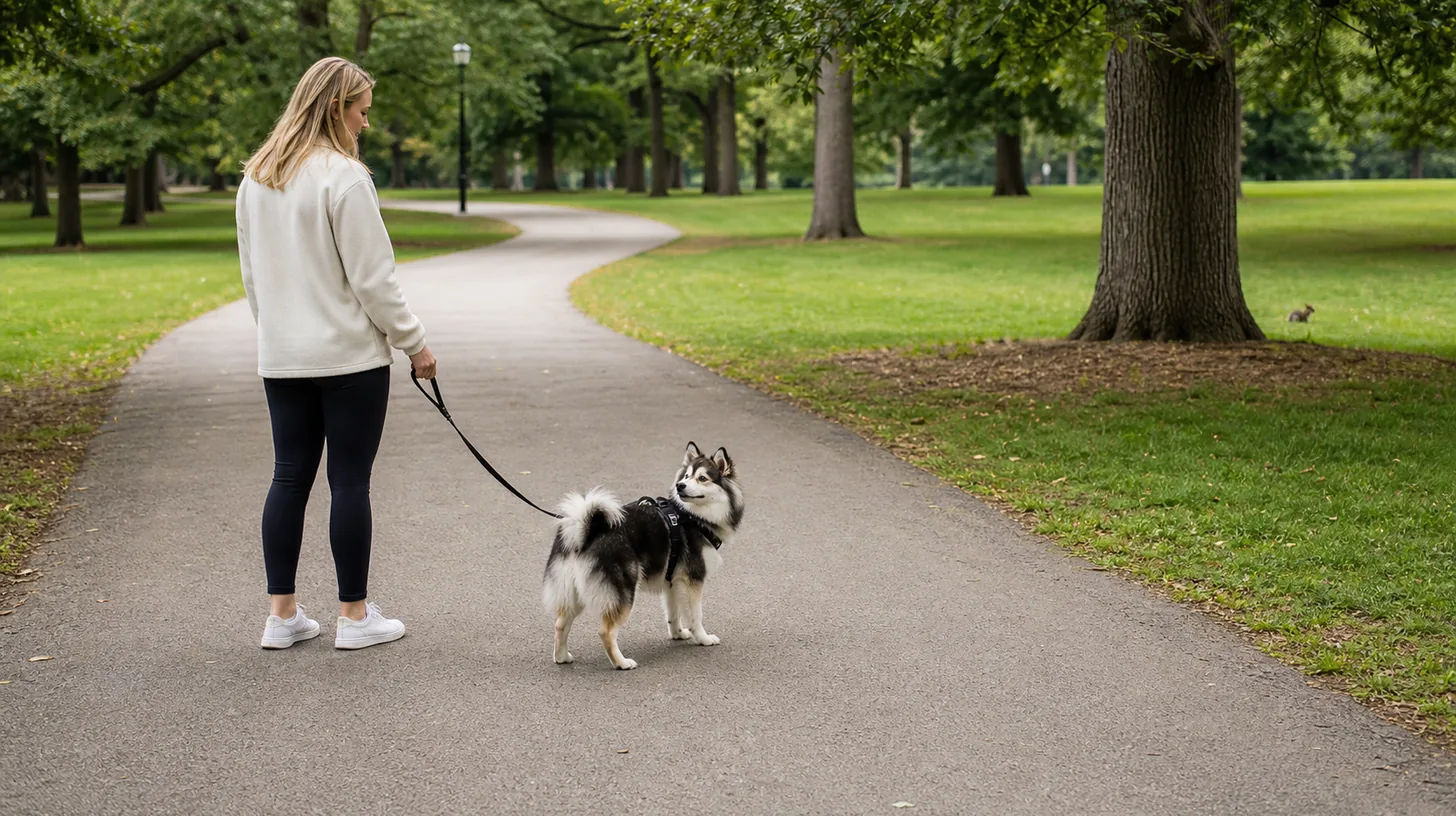 Leashed Pomsky turns toward a caregiver while wildlife remains far away