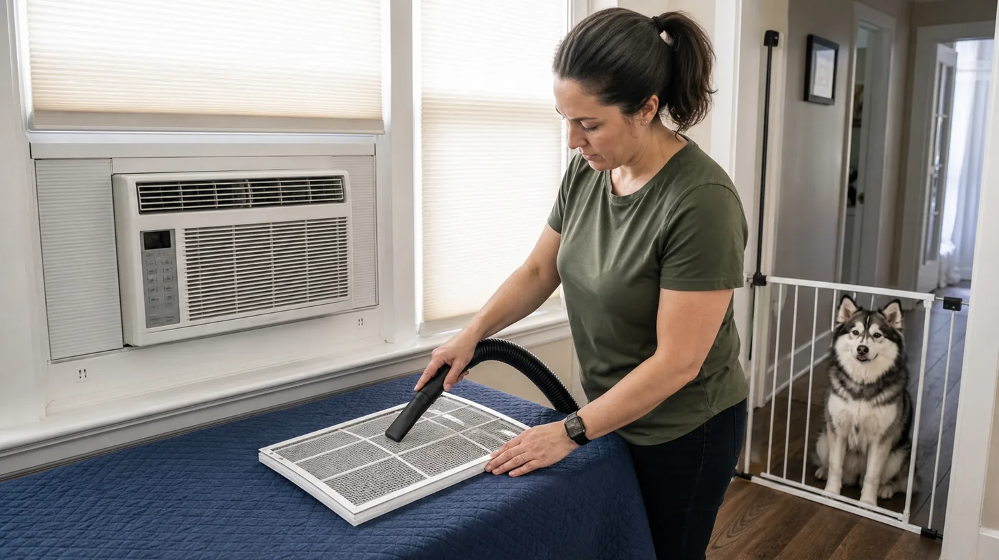 Caregiver services a window air-conditioner filter while a Pomsky waits behind a gate