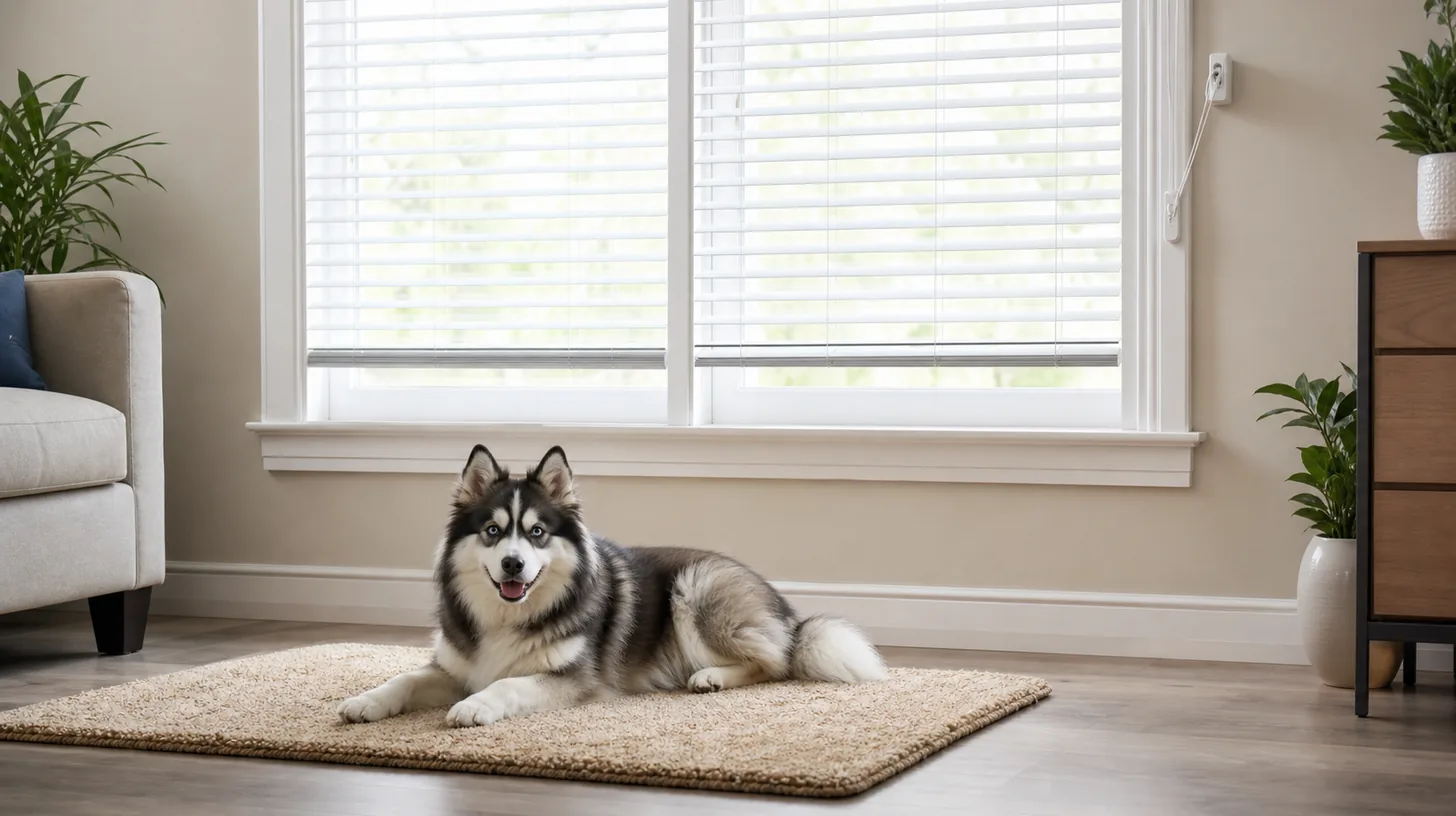 Pomsky resting away from a closed window with blind cords secured high