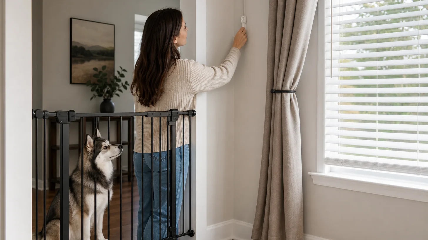 Pomsky behind a gate while a caregiver secures a blind cord high on a wall