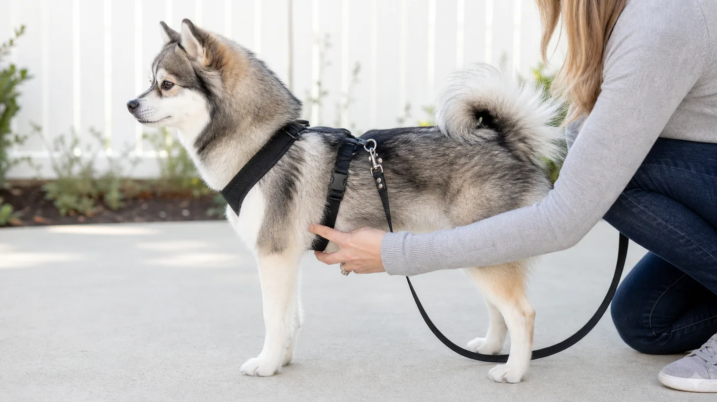 A caregiver checks the chest strap and clearance of a Y-front harness on a Pomsky