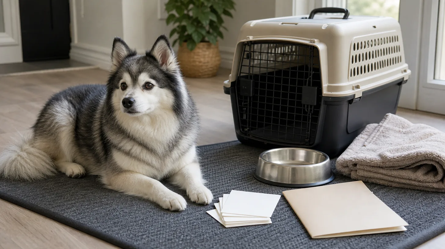 Senior Pomsky rests on a nonslip mat beside a carrier water blank route cards towel and appointment folder