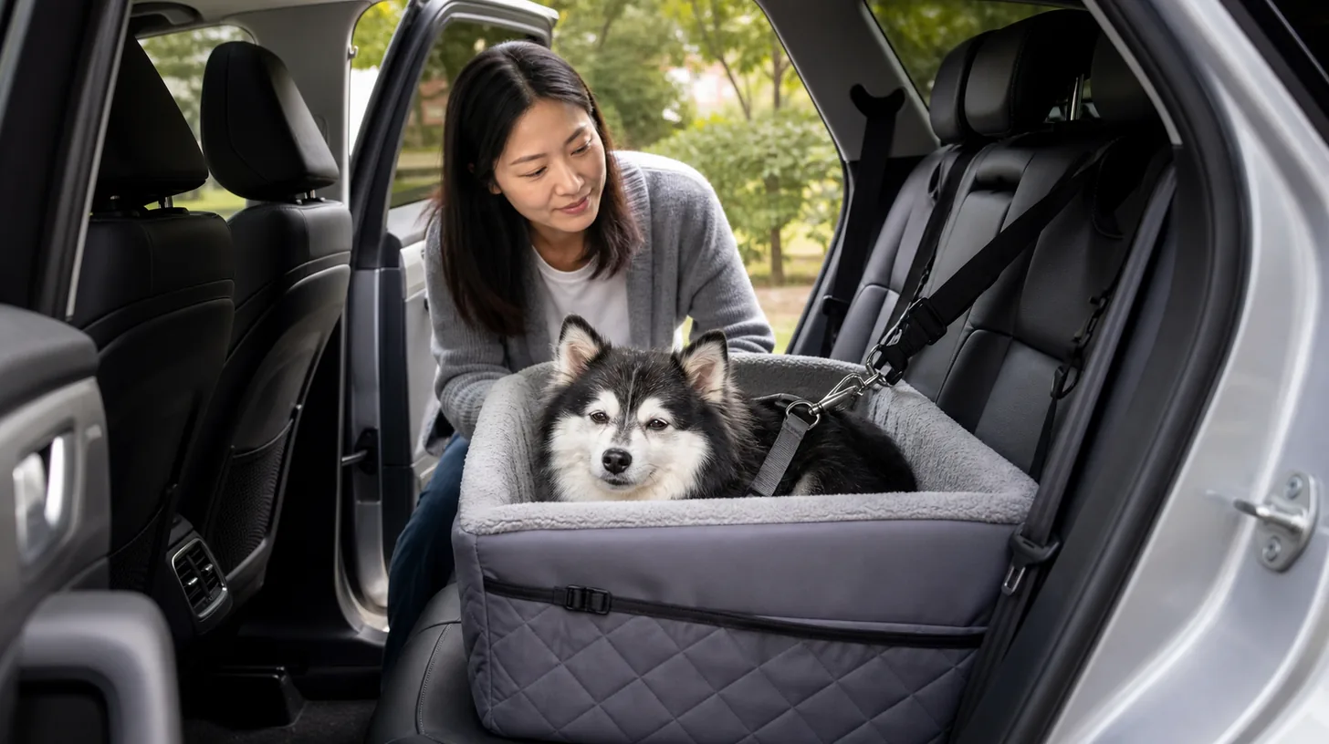 Senior Pomsky rests in a secured carrier on the rear seat of a parked car