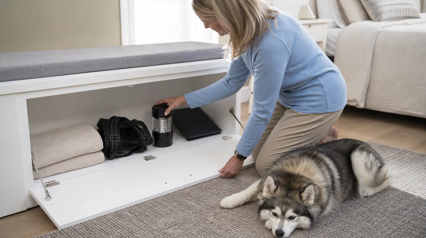 Caregiver inventories a harness, towel, light and blank folder near a resting senior Pomsky