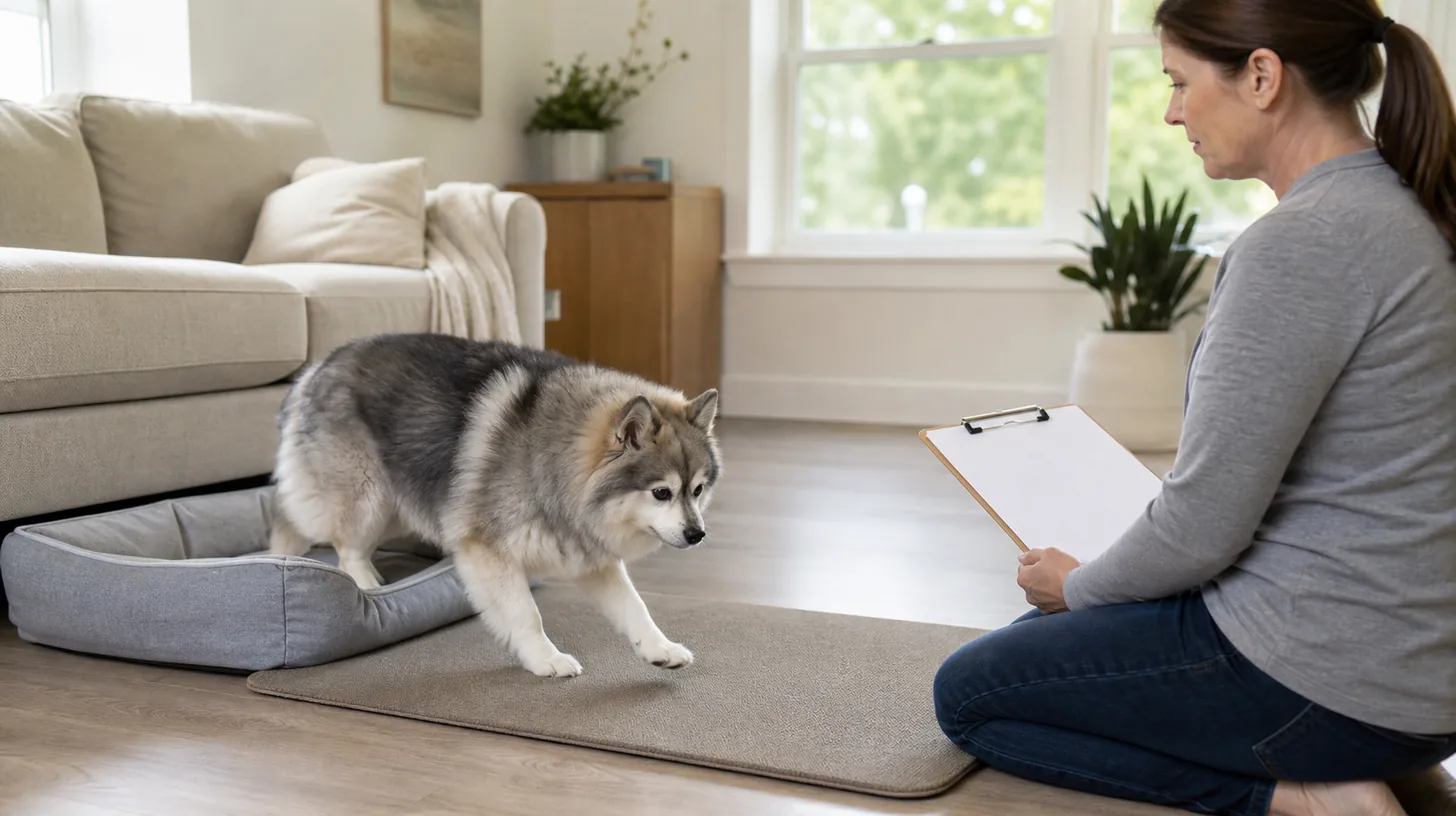 Caregiver observing a senior Pomsky rise from a floor-level bed beside a blank daily log
