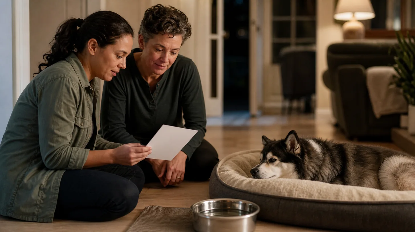 Two caregivers review an evening handoff beside a resting senior Pomsky