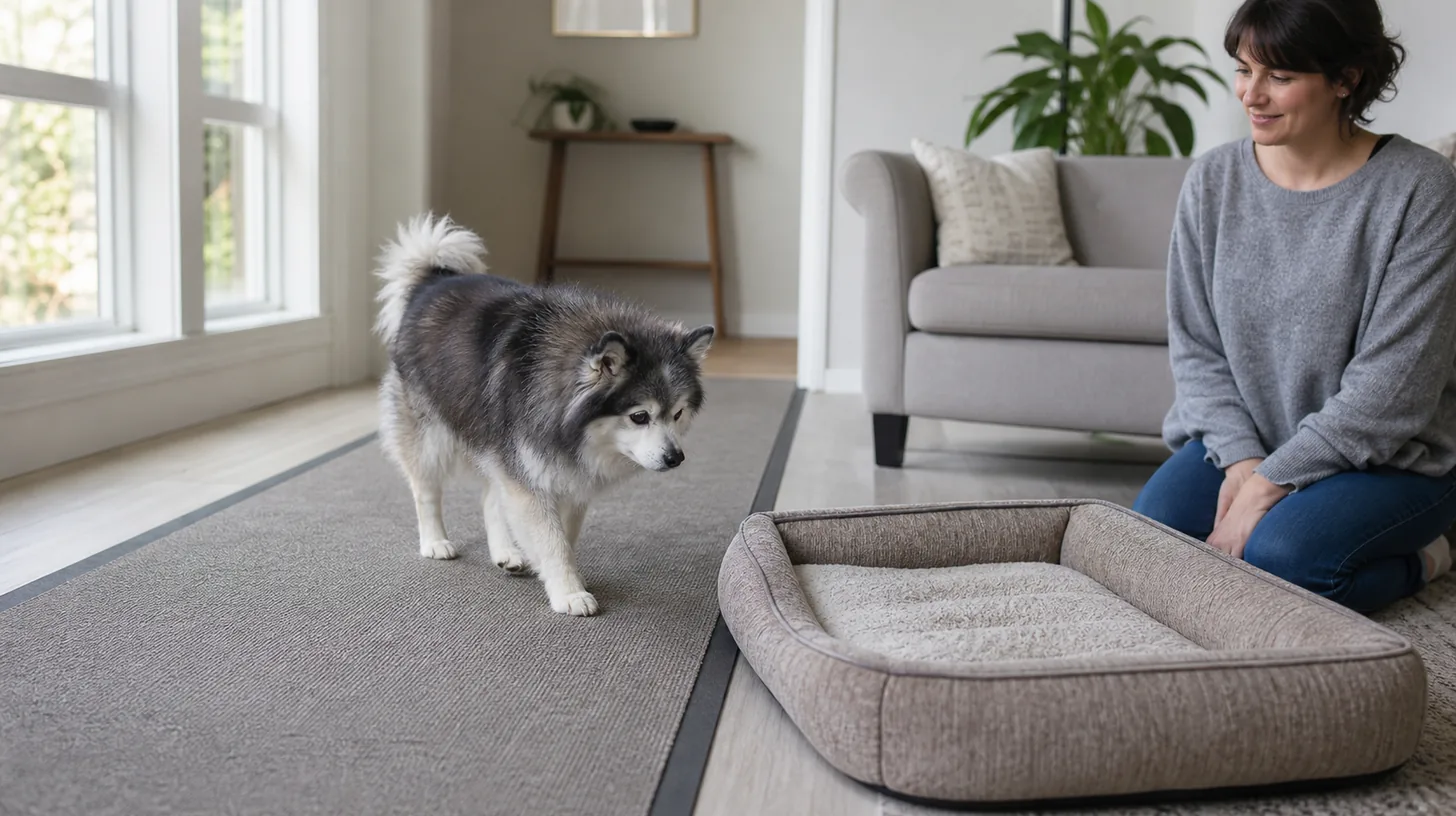 Senior Pomsky approaches a low floor bed along a continuous nonslip route