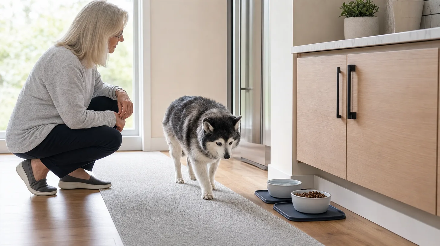 A senior Pomsky follows a nonslip route to stable food and water bowls while a caregiver observes