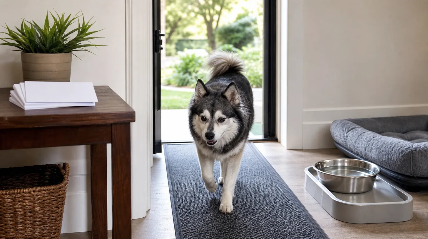 Pomsky walks voluntarily along a nonslip runner through an open doorway toward a water and rest zone