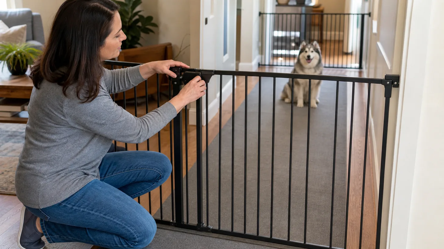 Caregiver checks a gate latch while a senior Pomsky waits at a distance