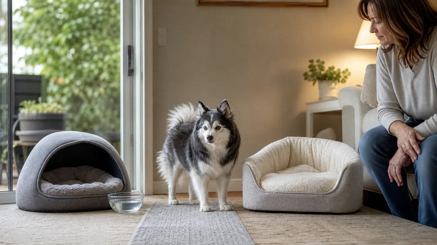 Senior Pomsky chooses between two open resting areas with water and a clear route