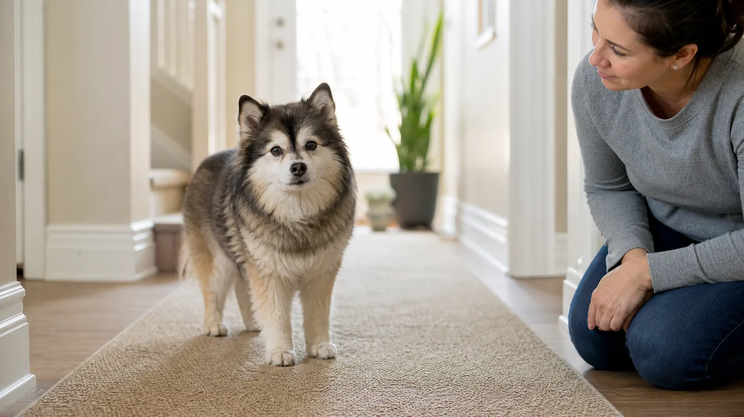 Senior Pomsky stands naturally on a nonslip morning route while a caregiver observes