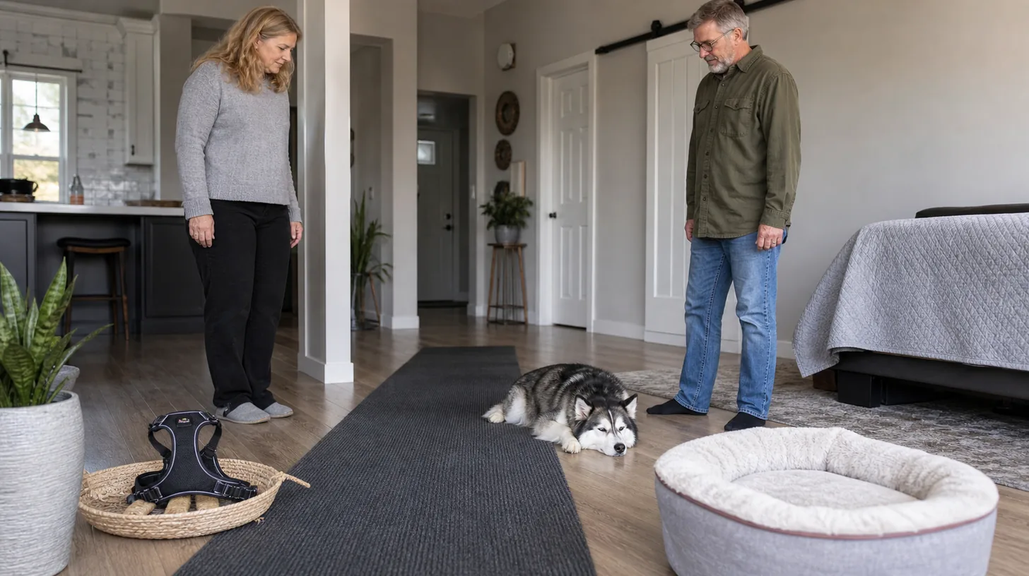 Two caregivers observe the same clear route beside a resting senior Pomsky