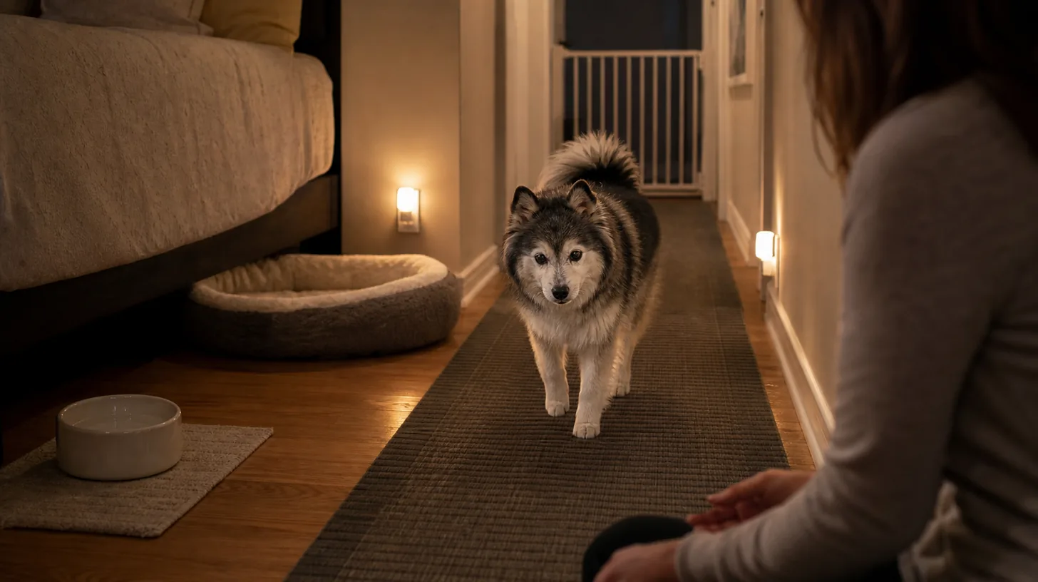 A senior Pomsky walks along a nonslip night-lit route between a low bed and a closed stair gate