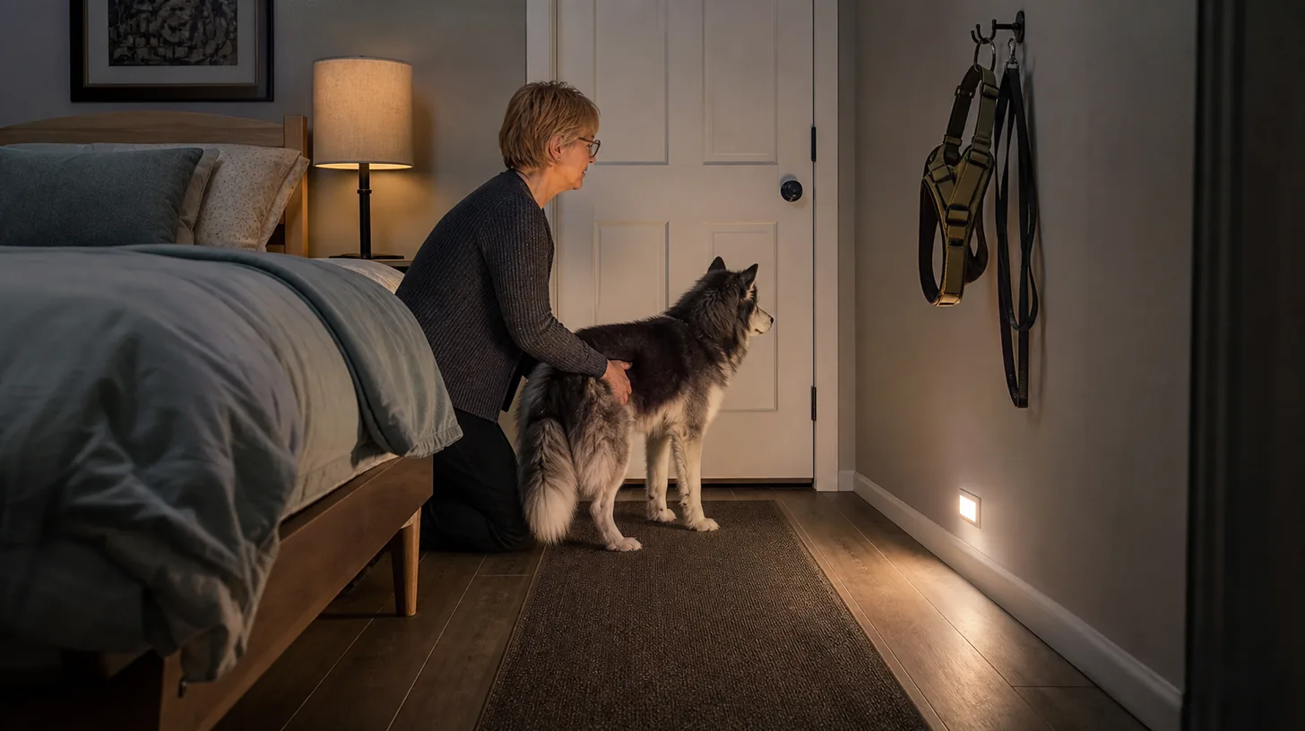 Senior Pomsky waits beside a closed door on a softly lit nonslip nighttime route