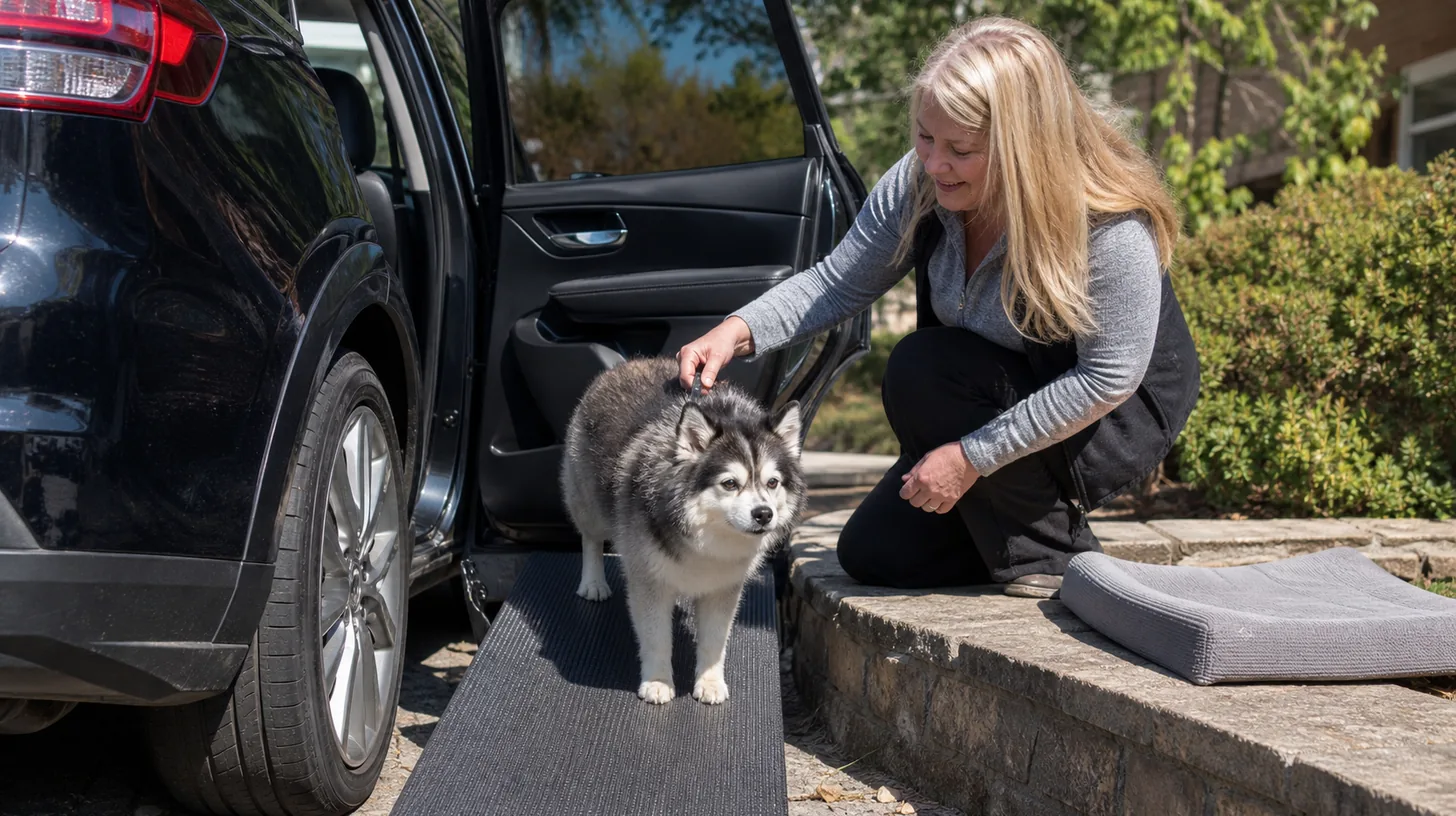 Senior Pomsky stands on a nonslip route beside a parked car and caregiver