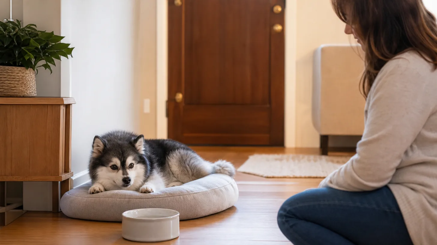 Senior Pomsky rests after visitors leave while a caregiver observes from a distance