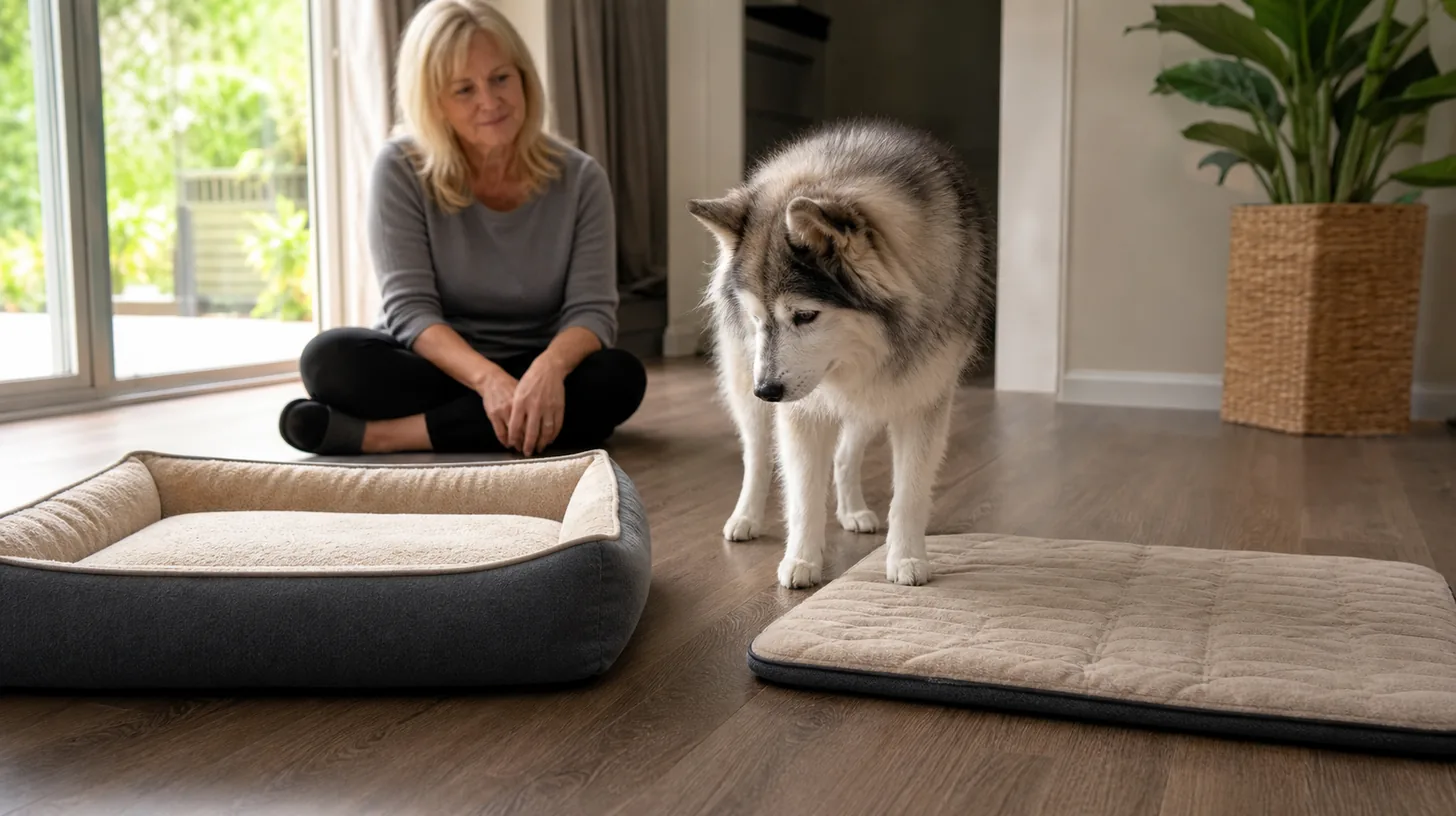 Senior Pomsky choosing between two floor-level nonslip resting surfaces