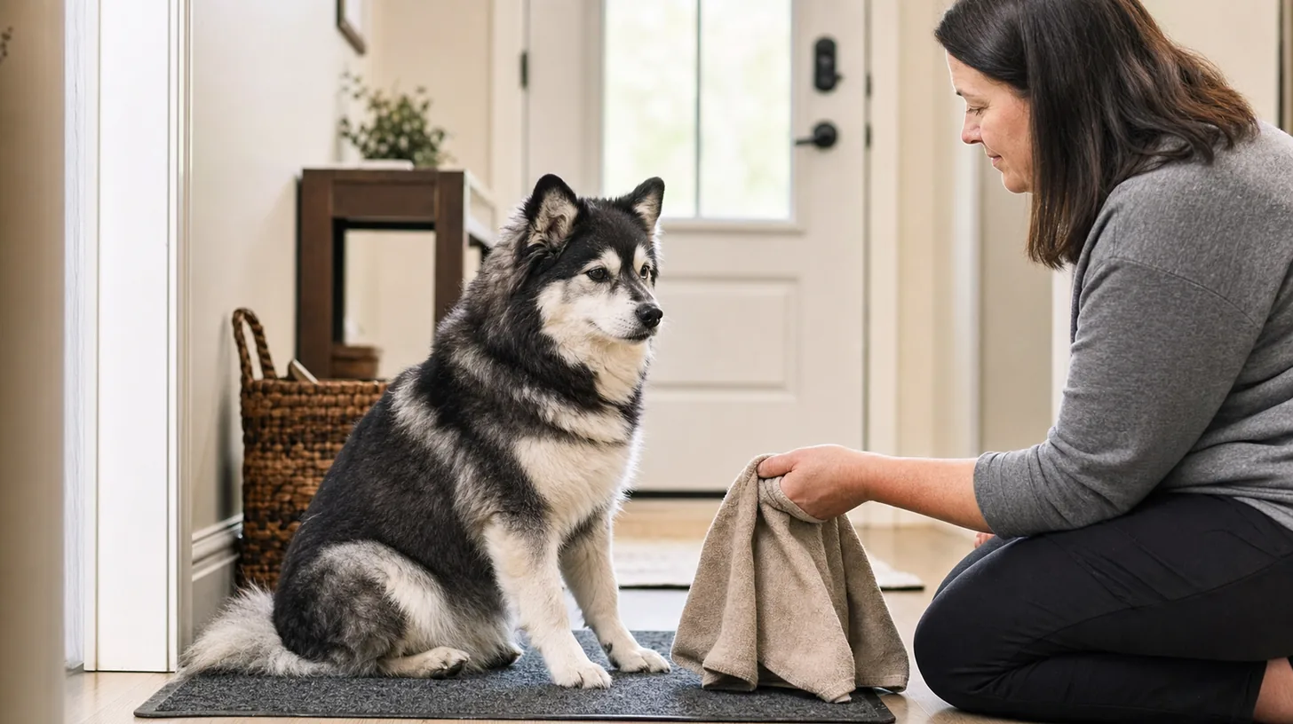 Senior Pomsky sits voluntarily on a nonslip mat while a caregiver holds a clean towel