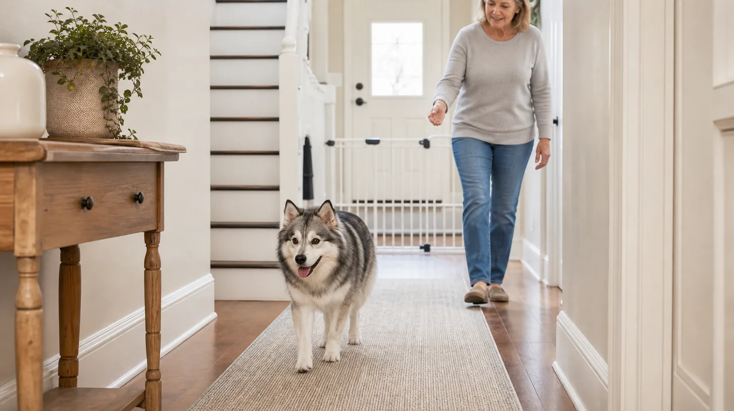 A mature Pomsky walks beside a caregiver on a well-lit nonslip runner near a gated staircase