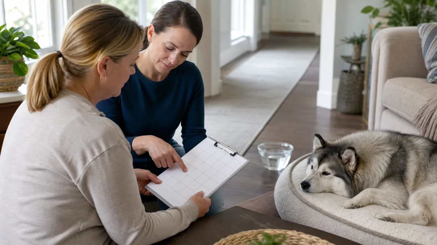 Two caregivers review a blank calendar beside a resting senior Pomsky