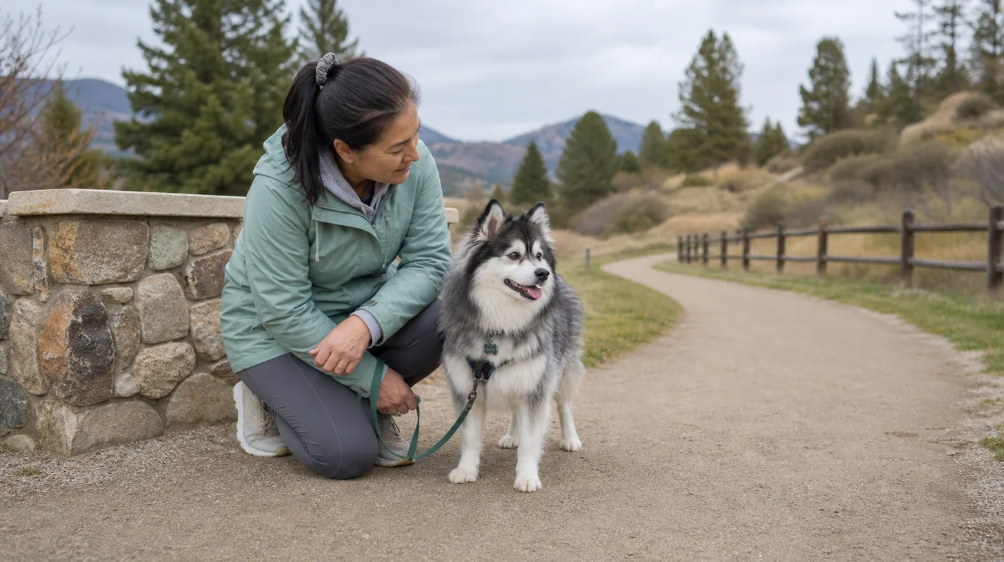 Leashed senior Pomsky and caregiver pause at a quiet flat turnaround landmark