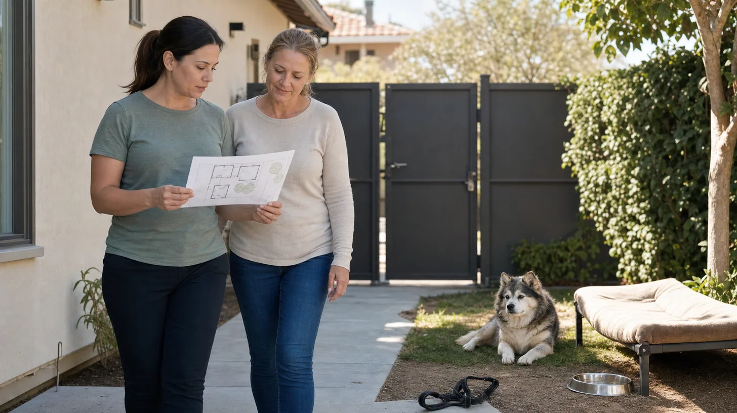 Two caregivers review a blank route map while a senior Pomsky rests nearby