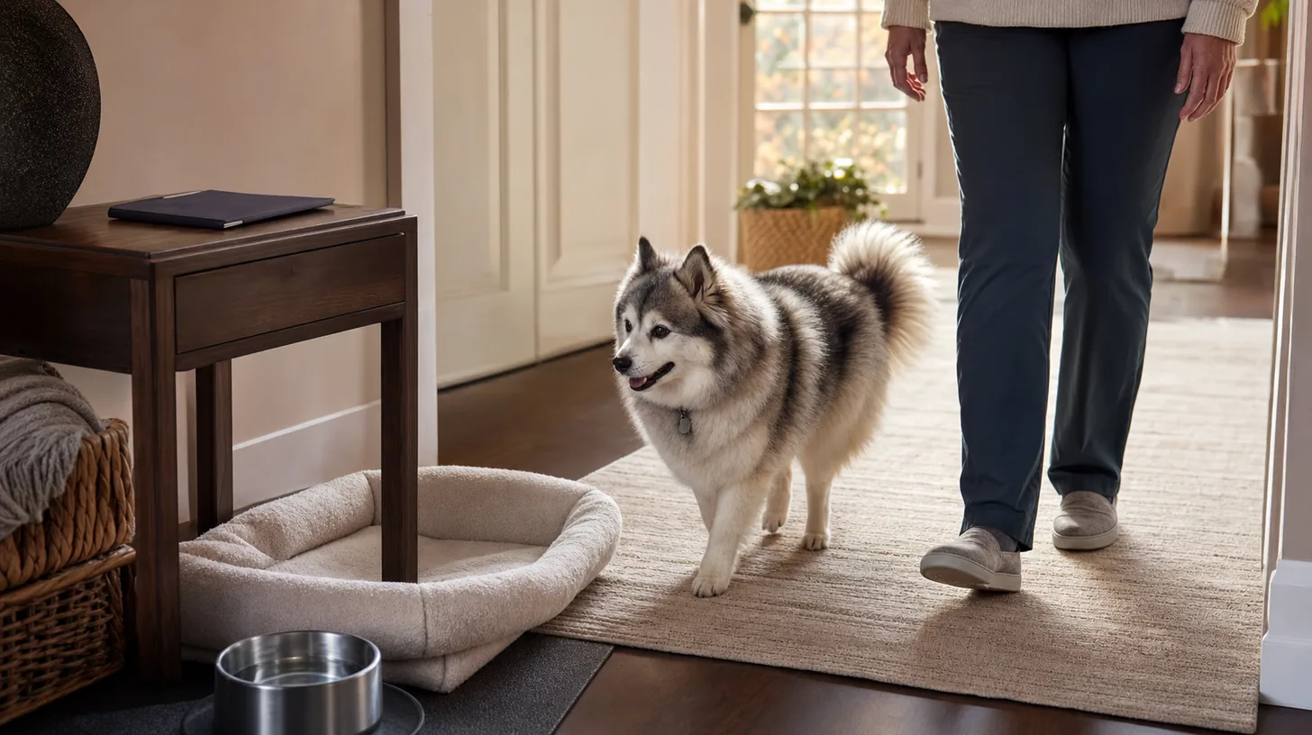 Senior Pomsky returns along a clear home route toward a low bed and water