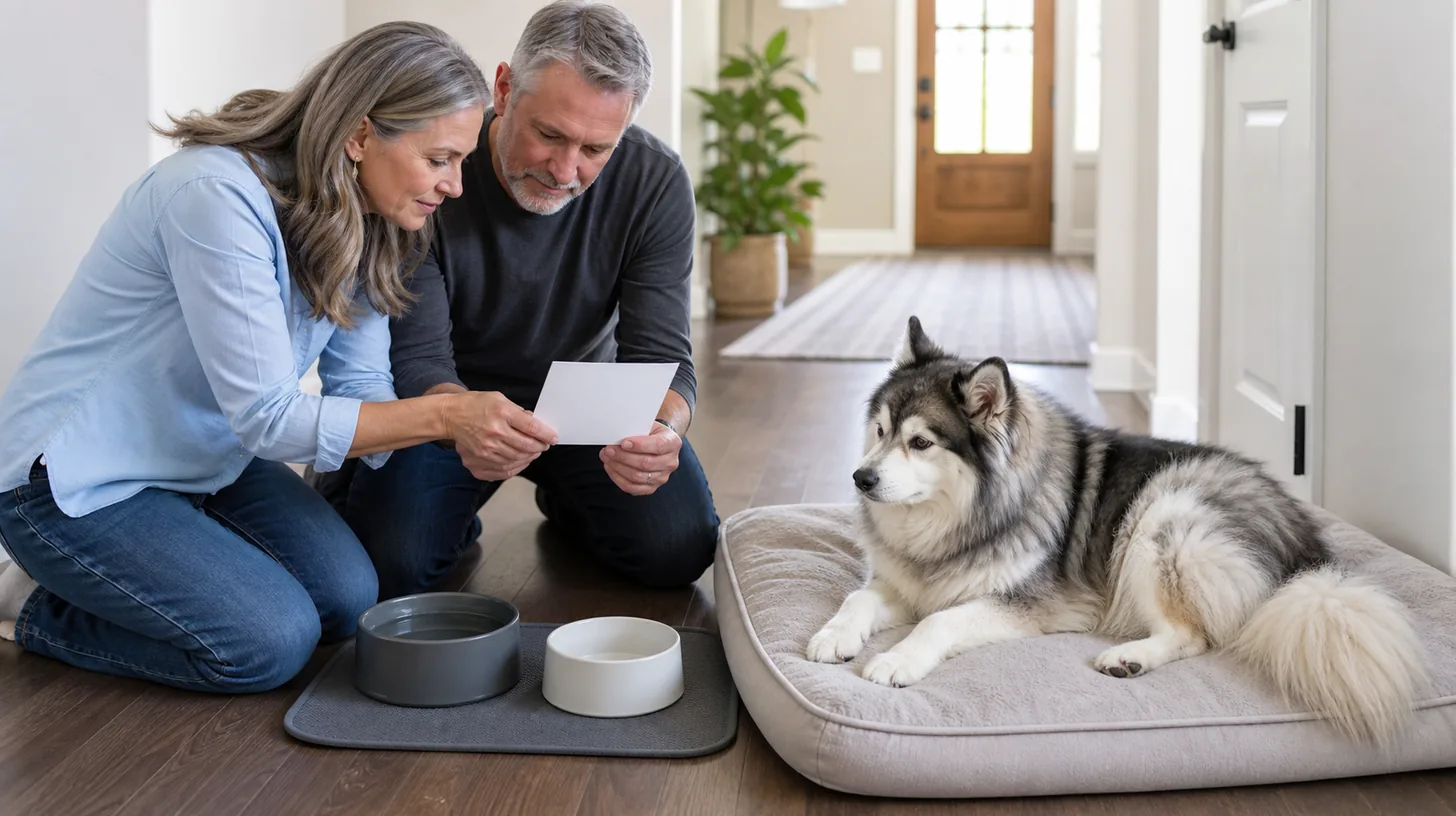 Two caregivers check clean water bowls beside a resting senior Pomsky
