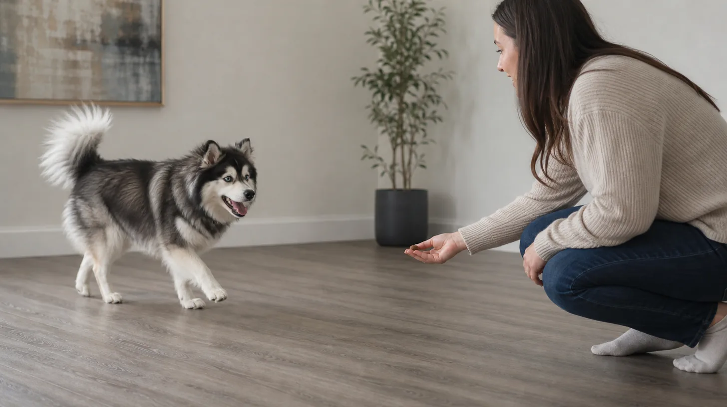Pomsky moves toward a crouching caregiver across a short closed-room route
