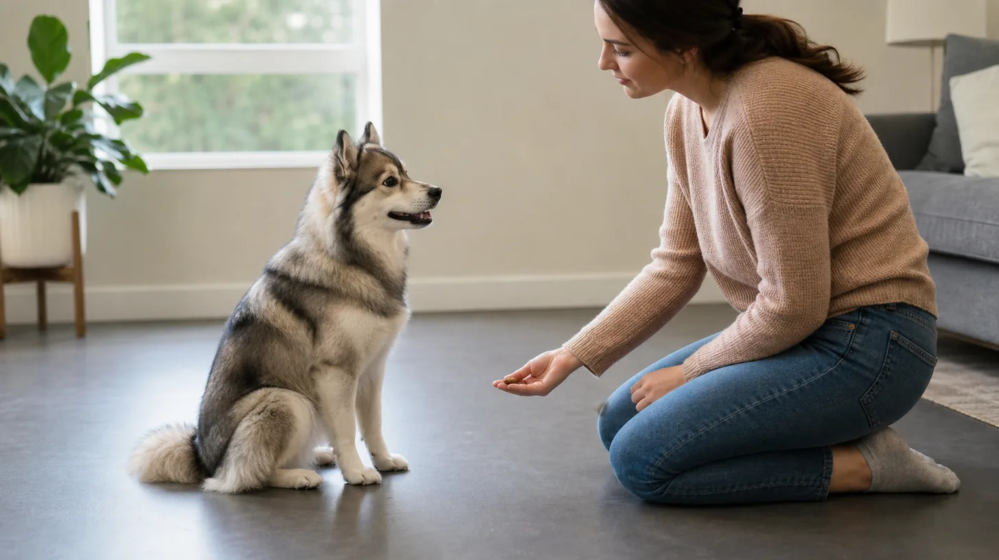 Pomsky offers a relaxed sit while a caregiver prepares a reward