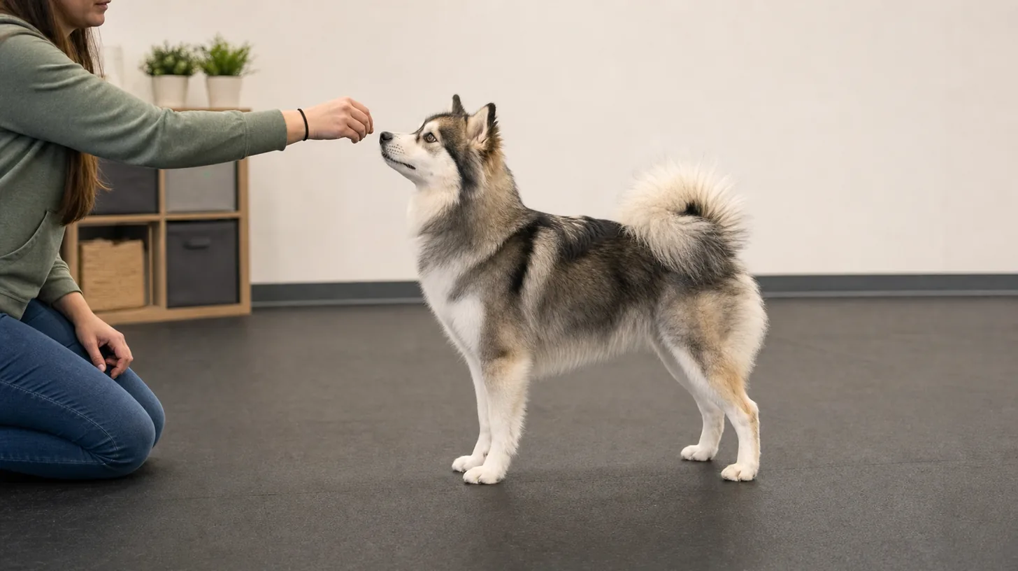 Pomsky stands naturally on four paws while a caregiver rewards at nose height