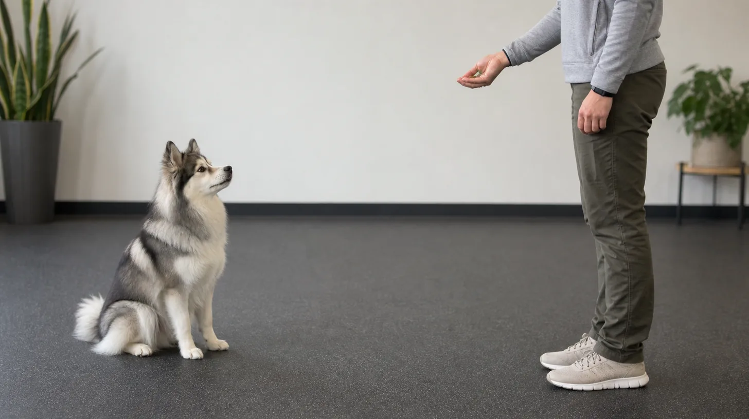 Pomsky holds a brief sit one step from a caregiver during stay practice