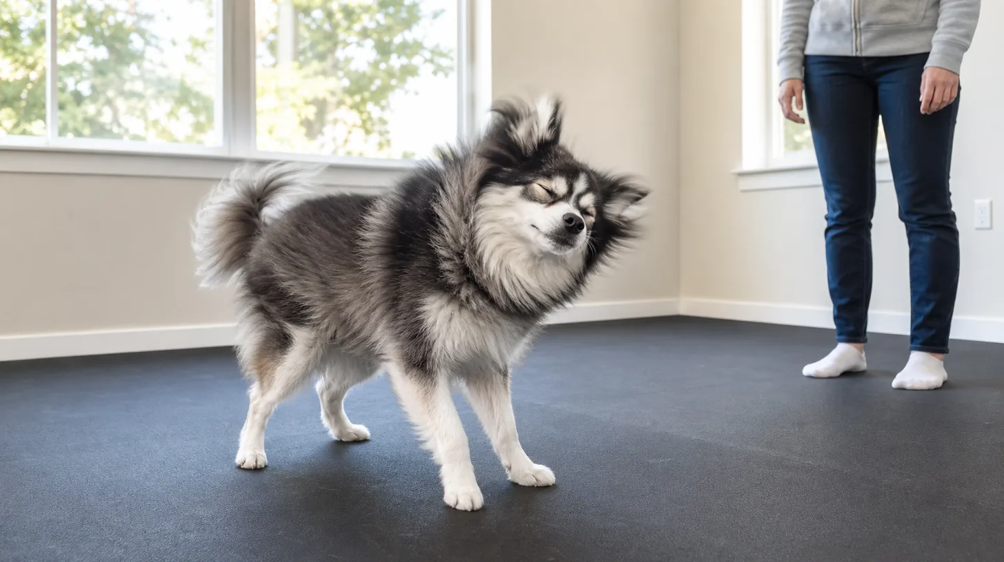 A dry relaxed Pomsky completes a natural full-body shake