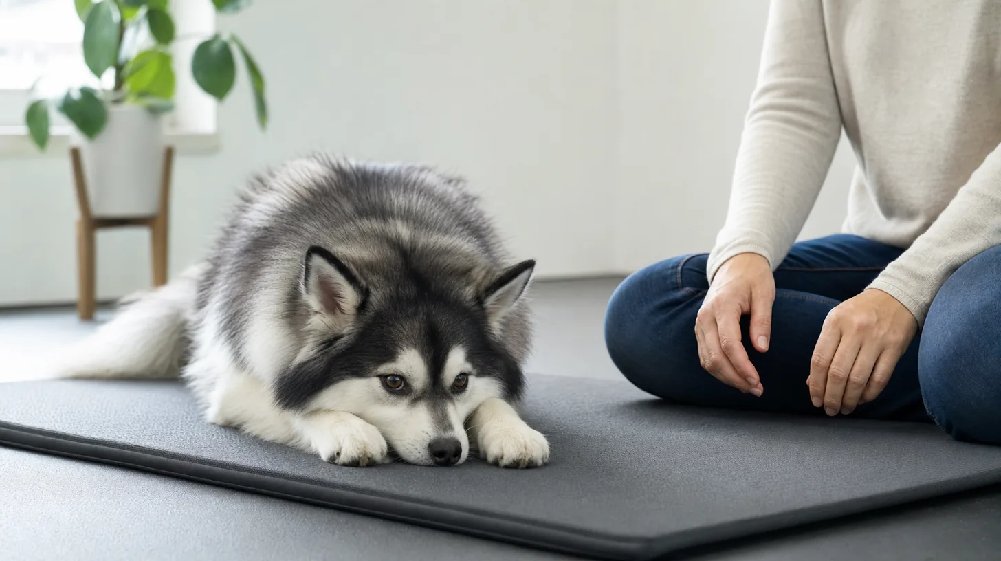 Pomsky voluntarily rests the chin between the front paws on a padded mat