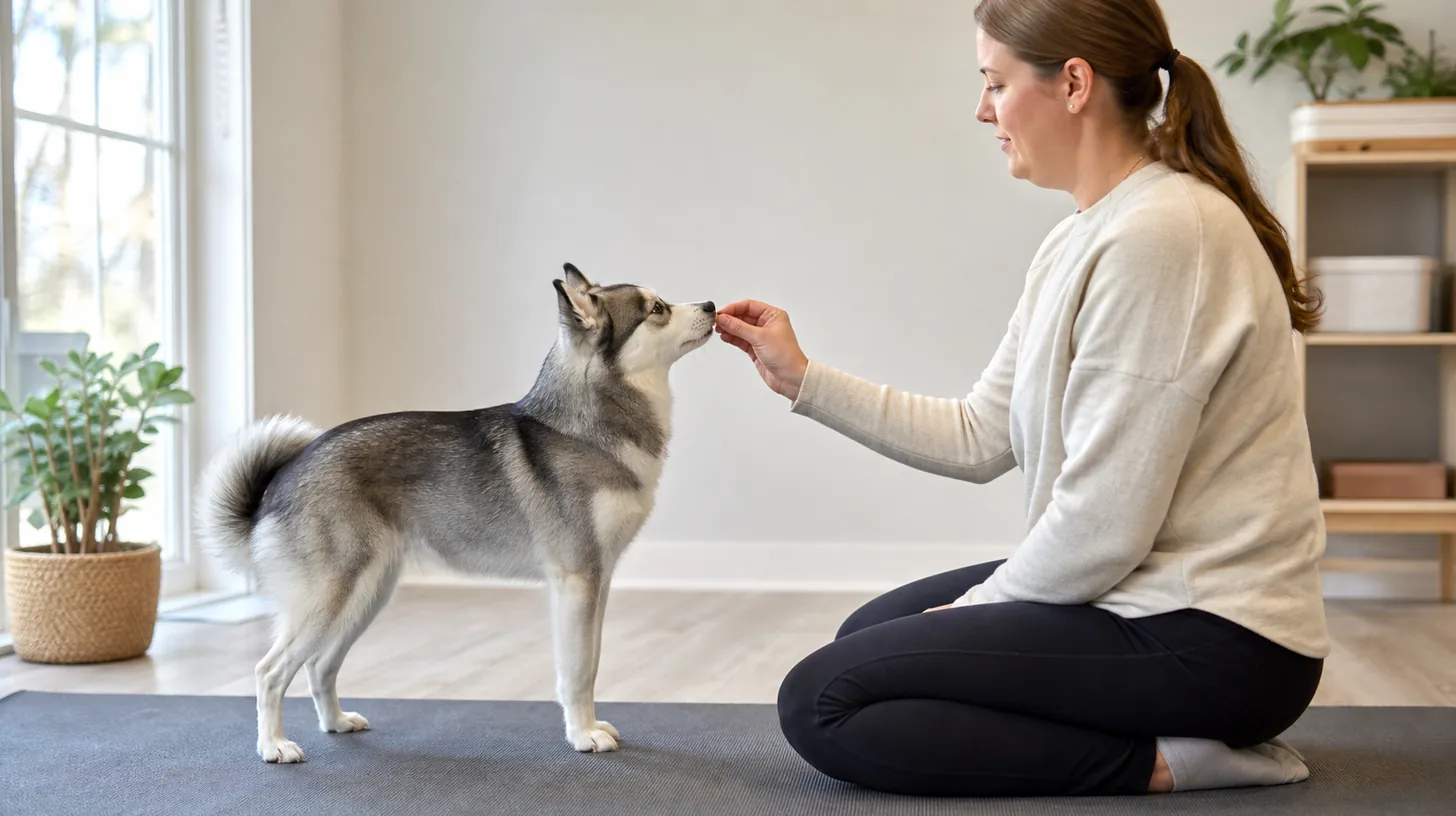 A Pomsky makes a small voluntary chin lift while standing on a nonslip mat
