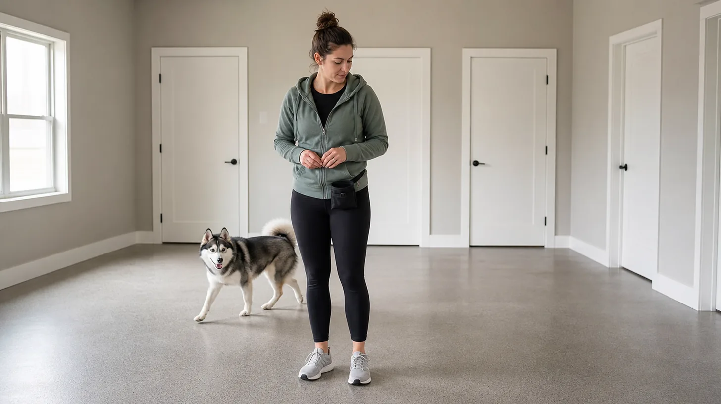 A Pomsky walks a broad circle behind a stationary caregiver in a clear room