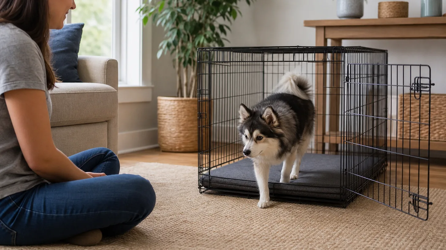 A Pomsky voluntarily enters an open crate during reward-based cue practice