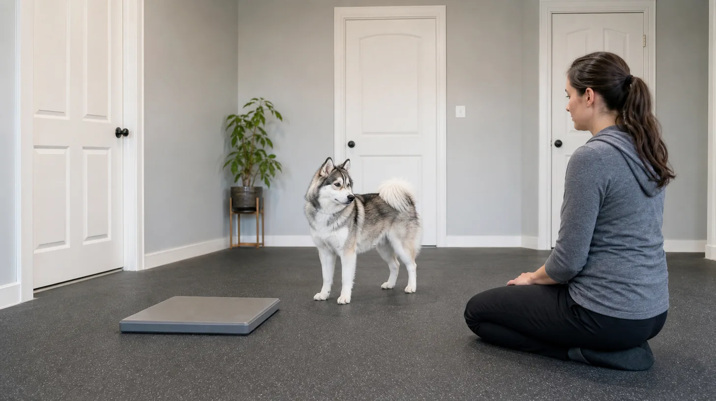 A Pomsky makes a small voluntary head turn toward a side target in a closed room