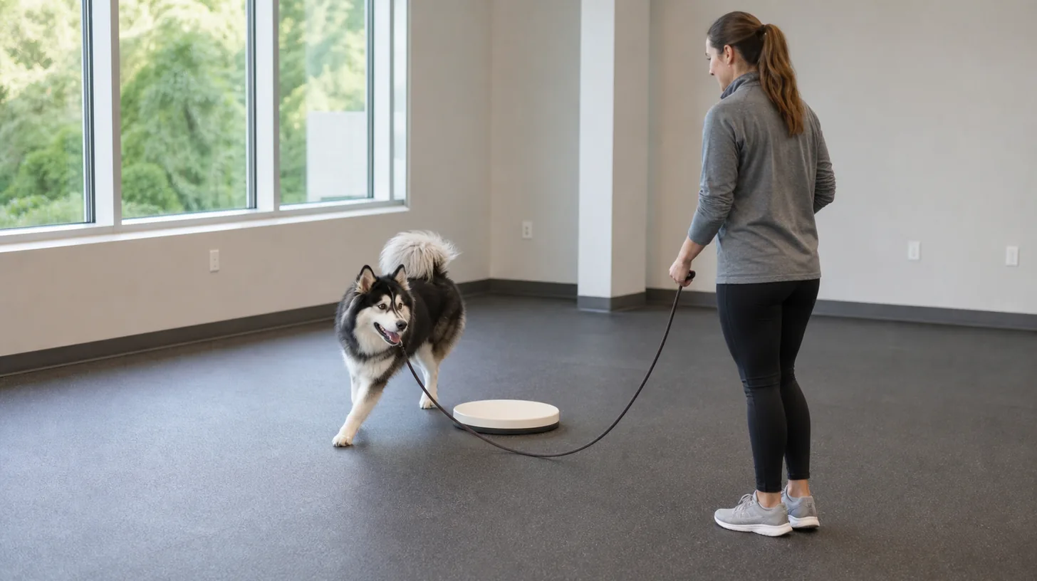 Pomsky begins a shallow directional turn around a wide floor marker