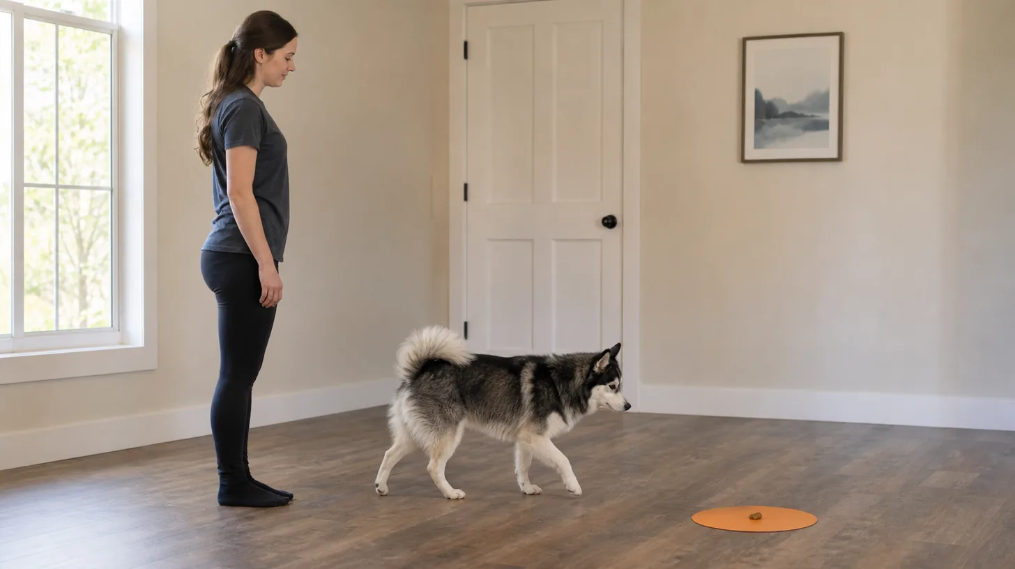 A Pomsky moves away from a stationary trainer toward a flat floor marker