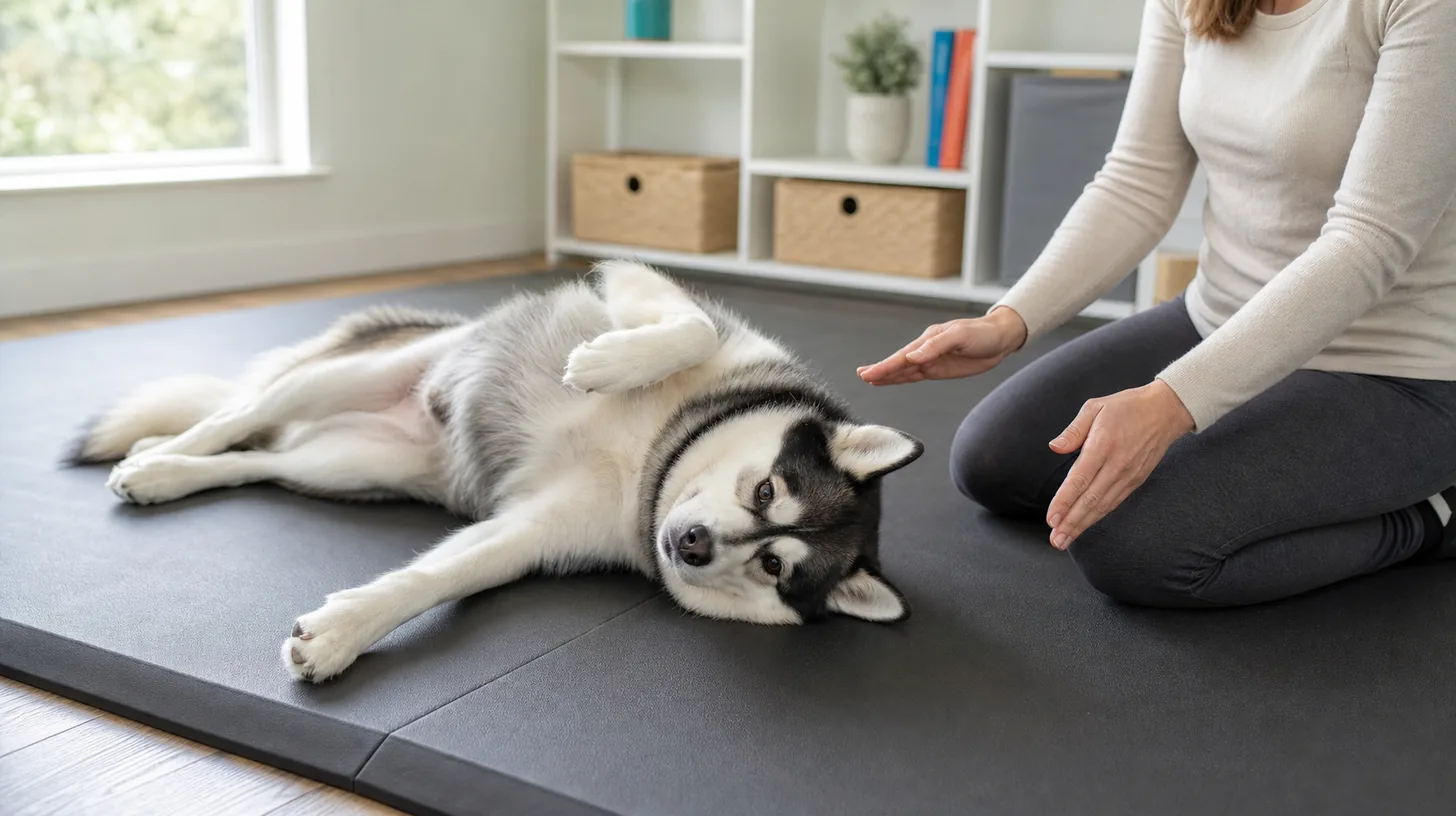 Pomsky begins a gentle voluntary roll on a wide padded mat