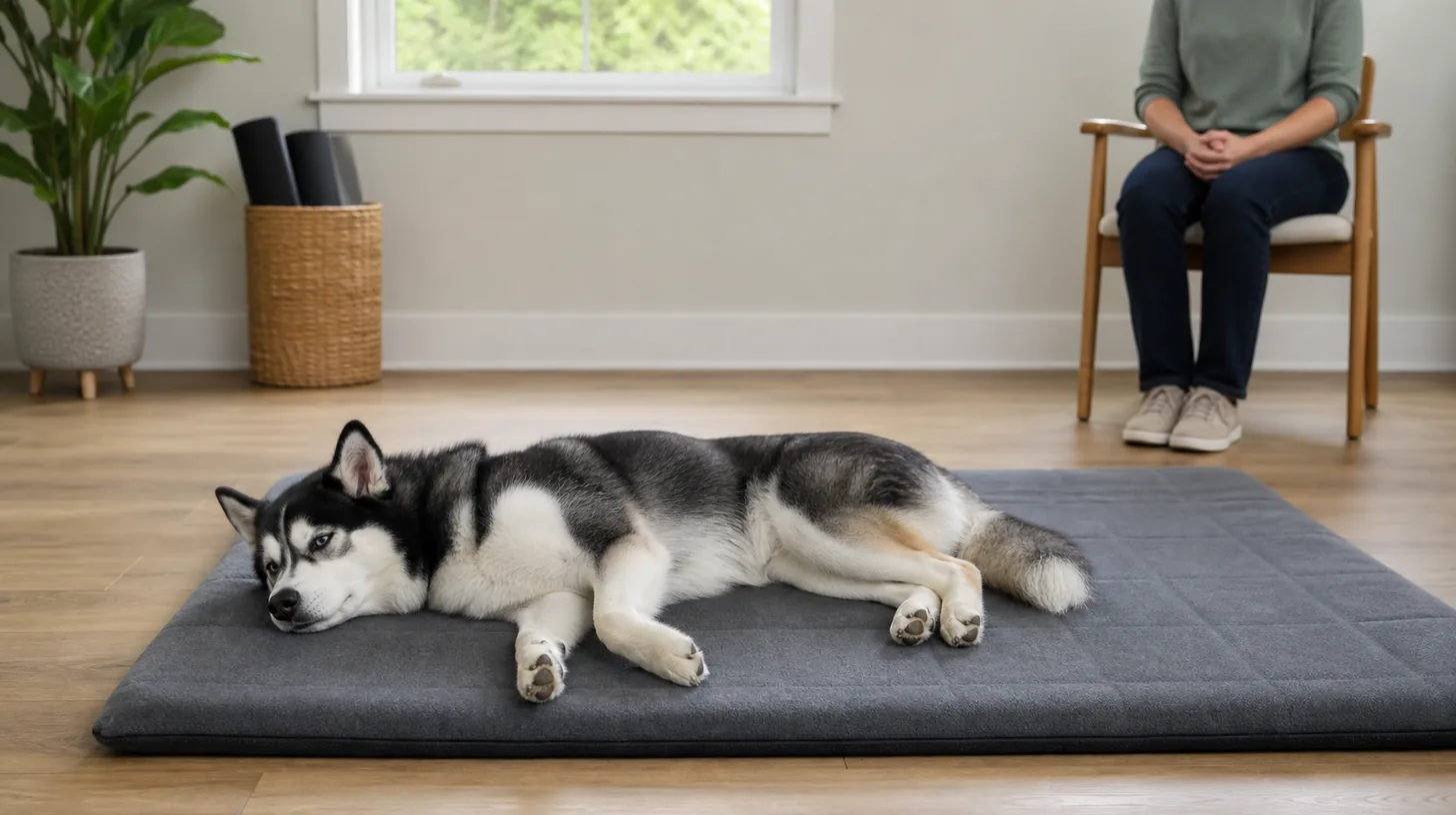 A relaxed Pomsky lies voluntarily on one side on a wide padded mat