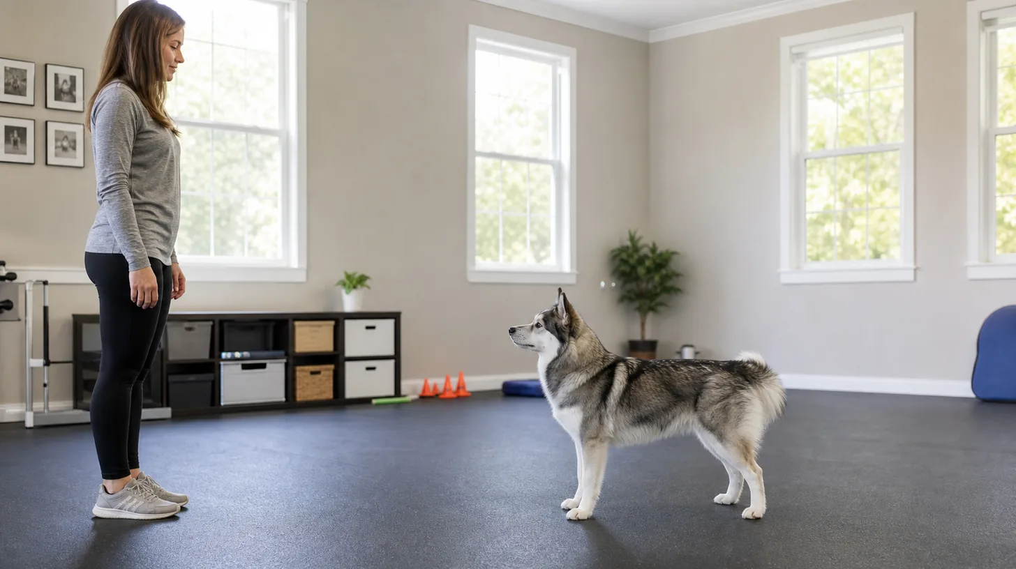 A Pomsky holds a balanced side-on stand in an open training room