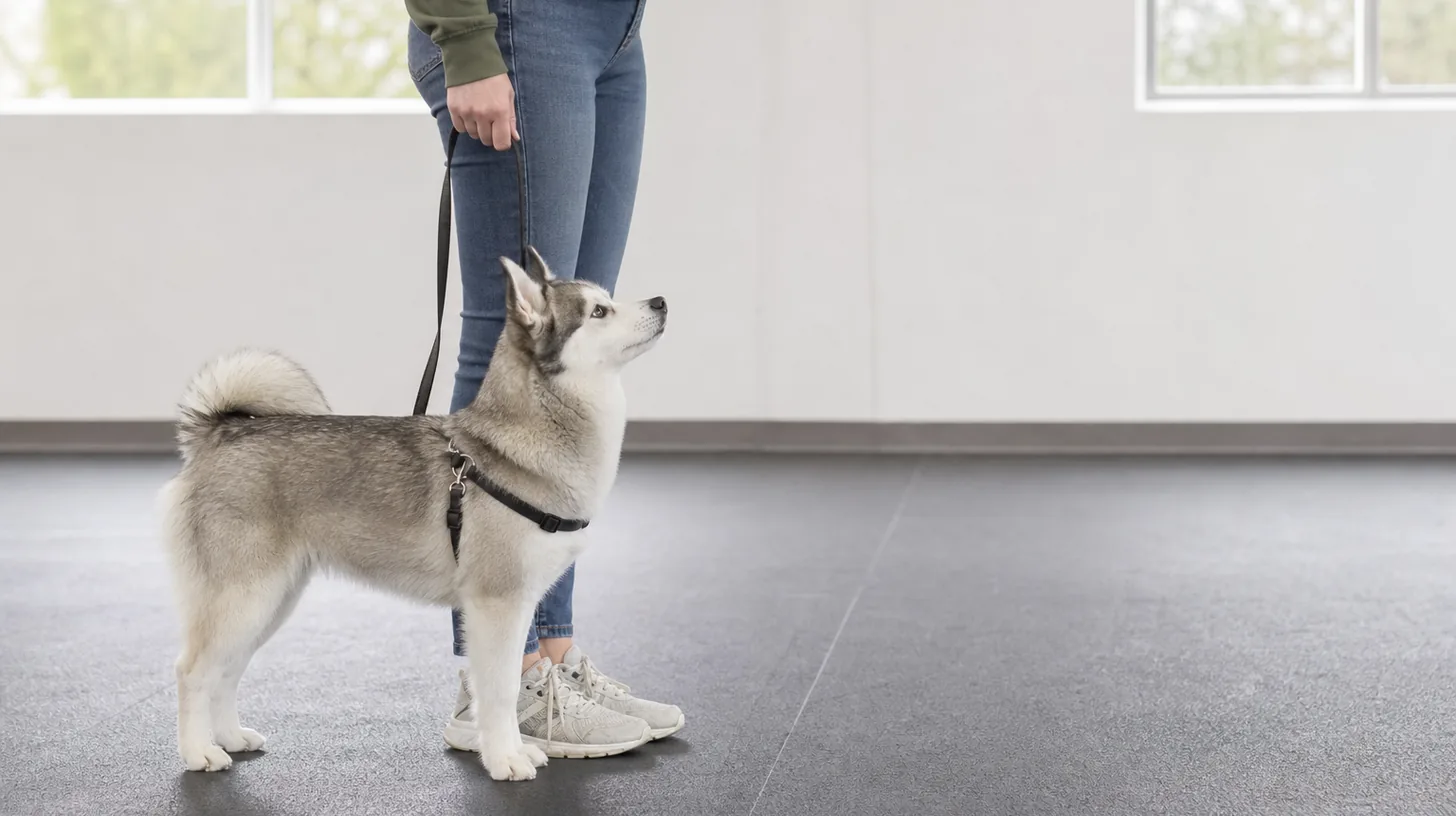 A Pomsky stands calmly beside a caregiver in a stationary heel position