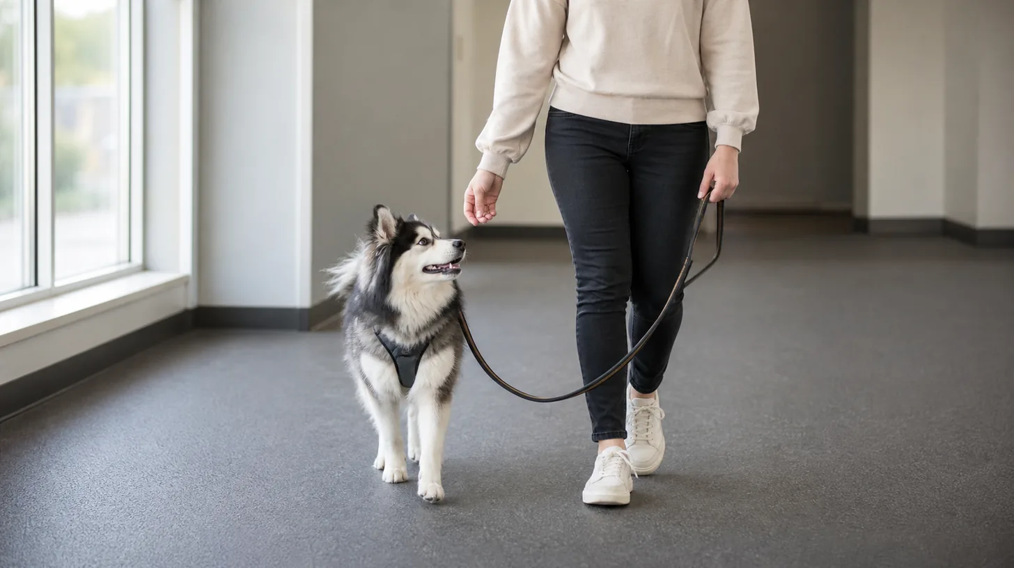 Pomsky matches a caregiver's short walking steps on a completely loose leash