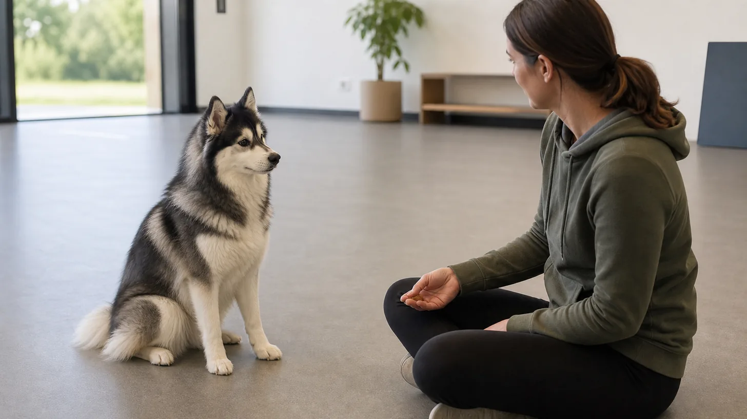 Pomsky offers a brief soft eye orientation toward a seated caregiver