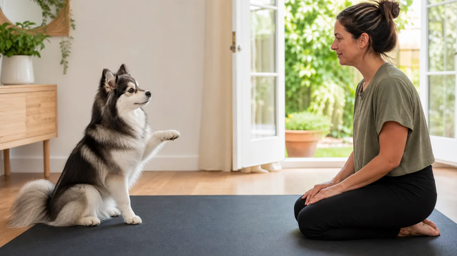 Pomsky voluntarily lifts one front paw in a small wave beside a caregiver